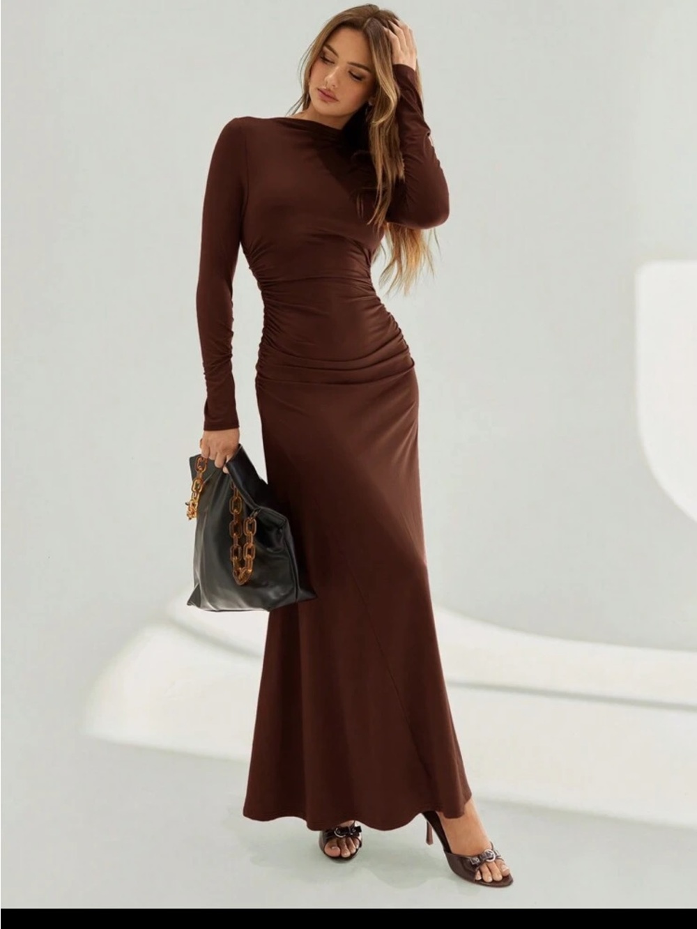 Women's Long Sleeve Ruched Maxi Dress - Chocolate Brown XS  BNWOT